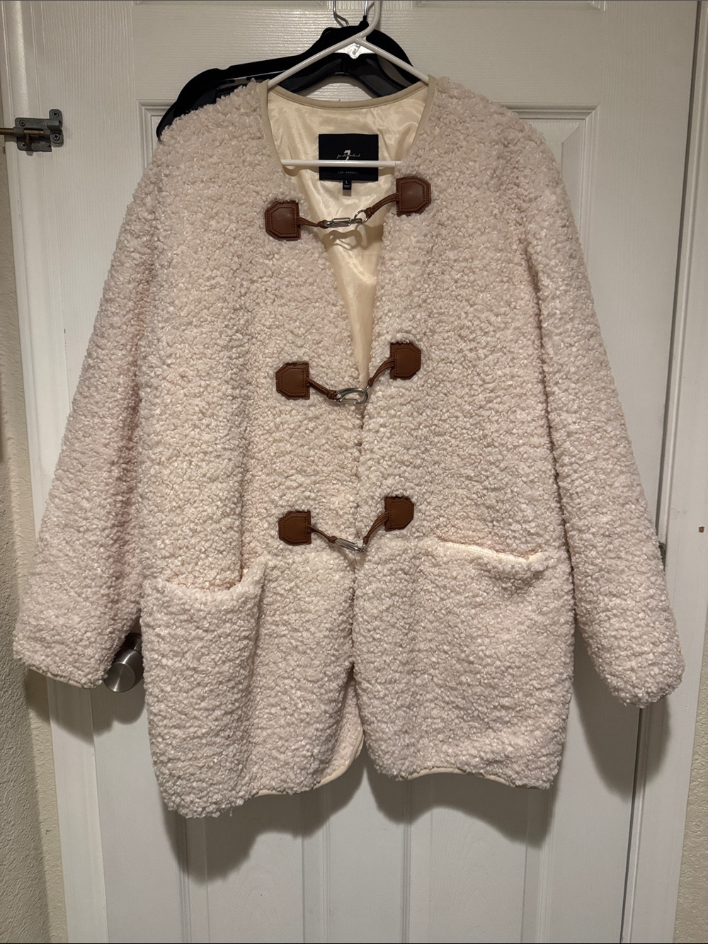 7 For All Mankind Cream Bouclé Toggle Jacket with Leather Trim